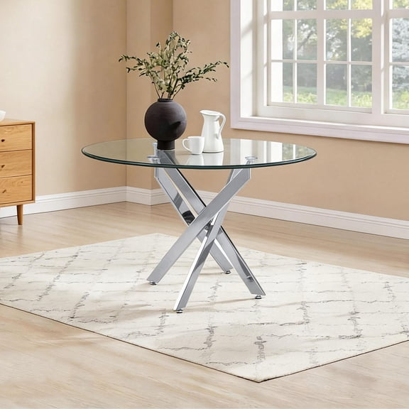 S-HOME Round Glass Table With Silver Frame 35.43 Inches Kitchen Dining Conference Table For Home Office Cafe