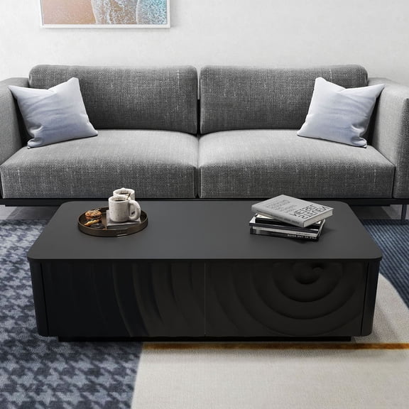 S-HOME Rounded Corner Wave Texture Design 47 Inch Rectangle Coffee Table With 2 Drawers Modern Classic Style For Living Room Decor,Black