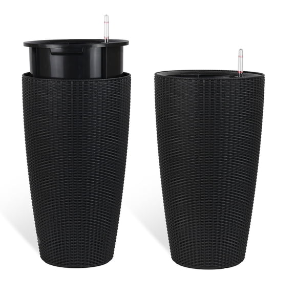 S-HOME Rounded Planter 22" High in Faux Rattan Design 2-Pack with Automatic Watering System for Indoor or Outdoor Use