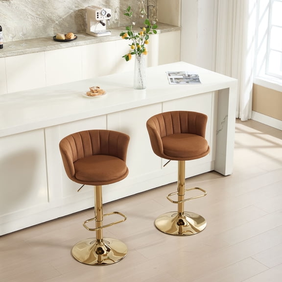 S-HOME Set of 2 Adjustable Velvet Bar Stools with Chrome Base and Golden Legs - Swivel Height Adjustable in Orange