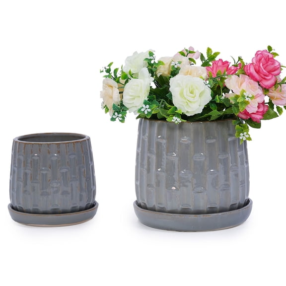 S-HOME Set of 2 Grey Ceramic Planters, 8" 6" Modern Flower Pots for Indoor/Outdoor