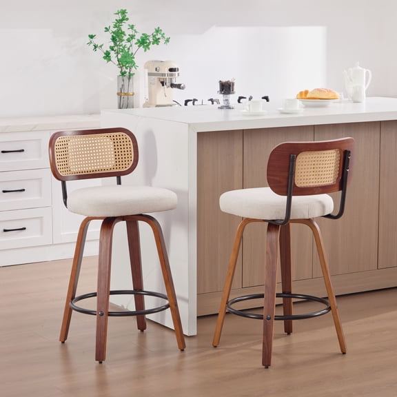 S-HOME Set of 2 Swivel Bar Stools in Walnut Black with Cane Rattan Back and Beige Linen Upholstered Seat for Kitchen Island