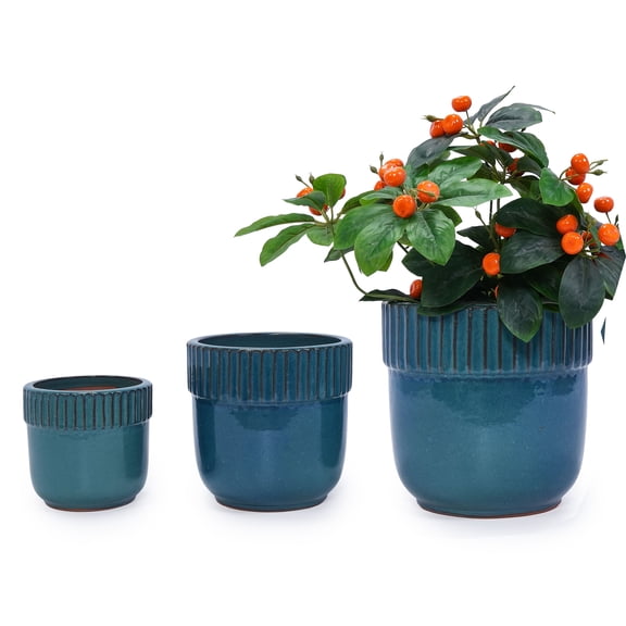 S-HOME Set of 3 Antique Blue Ceramic Planters, 15" 12" 9"  Modern Flower Pots for Indoor/Outdoor