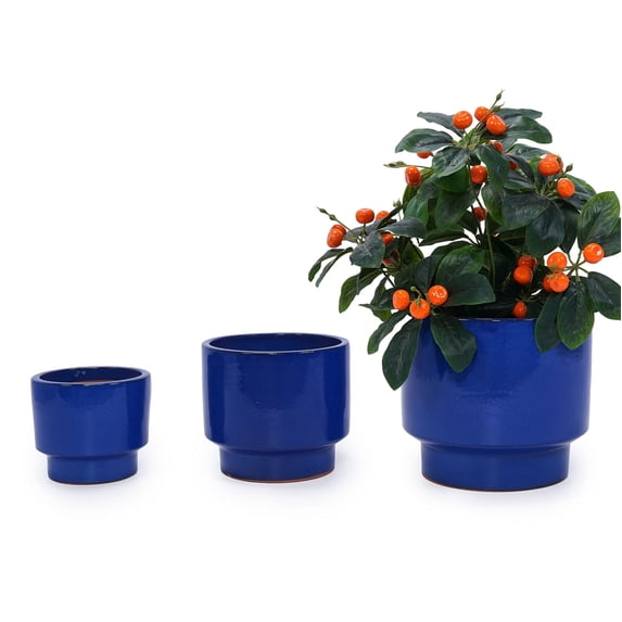 S-HOME Set of 3 Antique Blue Ceramic Planters, 15" 12" 9" Modern Flower Pots for Indoor/Outdoor