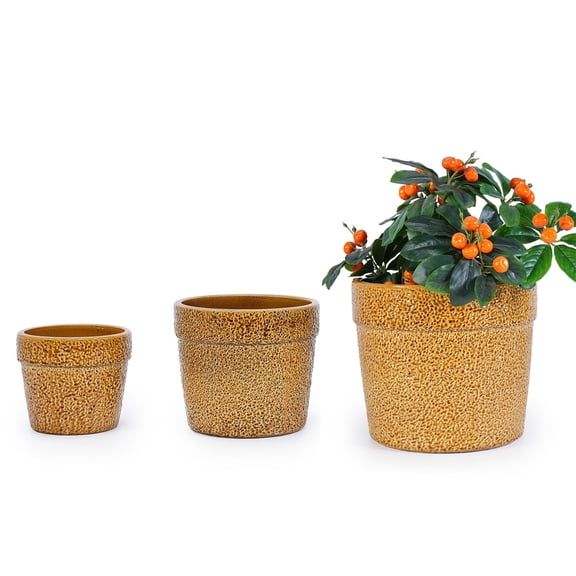 S-HOME Set of 3 Antique Yellow Ceramic Planters, 15" 12" 9" Modern Flower Pots for Indoor/Outdoor