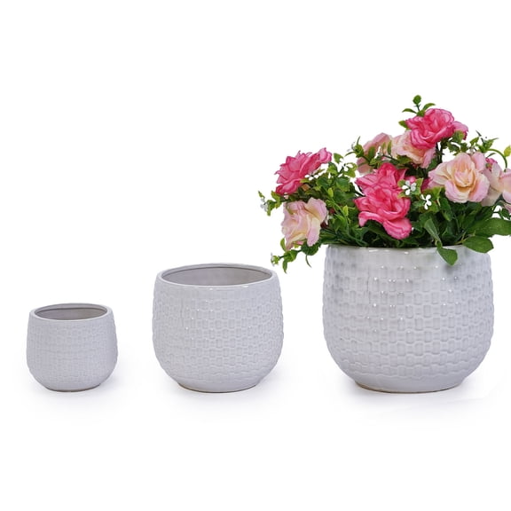 S-HOME Set of 3 Matte White Ceramic Planters, 10" 7" 5" Modern Flower Pots for Indoor/Outdoor
