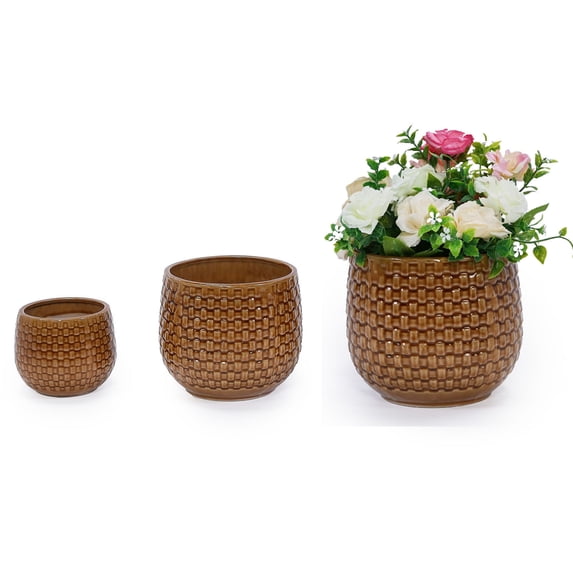 S-HOME Set of 3 Orange & Dark Brown Ceramic Planters, 10" 7" 5" Modern Flower Pots for Indoor/Outdoor