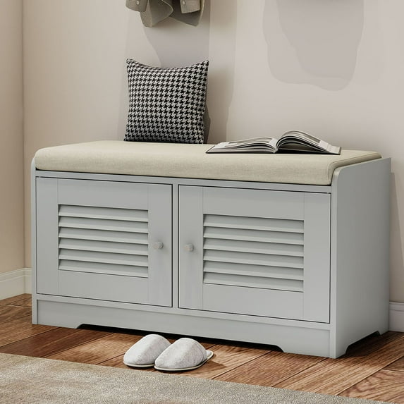 S-HOME Shoe Storage Bench with Detachable Cushion, 28.74 Inch Entryway Cabinet with 2 Door Design for Easy Access, Grey