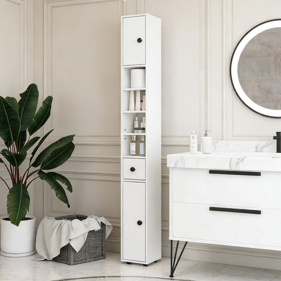 S-HOME Slim White Corner Cabinet with Adjustable Shelves, Tall Bathroom Storage Unit, Space Saving Design for Toiletries and Towels