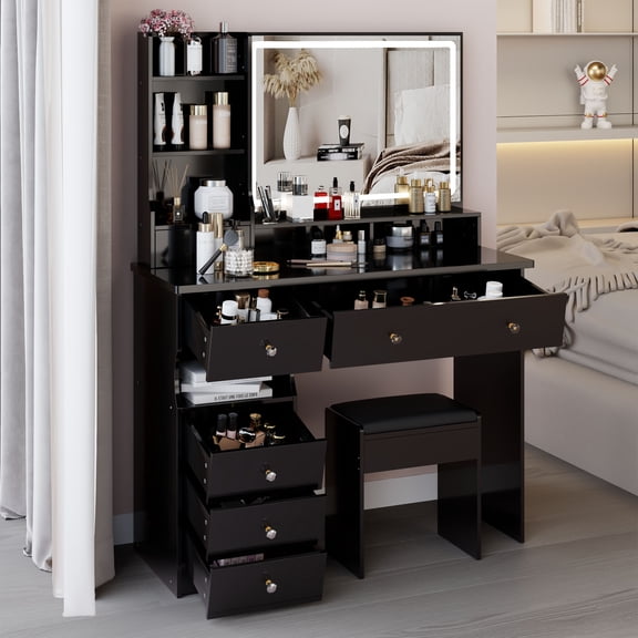 S-HOME Small Size 29.2" Left Drawer Desktop Vanity Table With Cushioned Stool And Brightness Adjust LED Mirror For Space Saving,Large