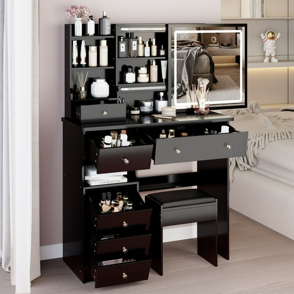 S-HOME Small Size 29.2" Left Drawer Desktop Vanity Table With Cushioned Stool And Brightness Adjust LED Mirror For Space Saving,Middle