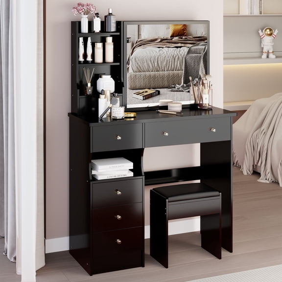 S-HOME 2 Piece Adult Left Drawer Sliding Mirror Space Saving Dressing Table and Cushioned Stool Table Set Black