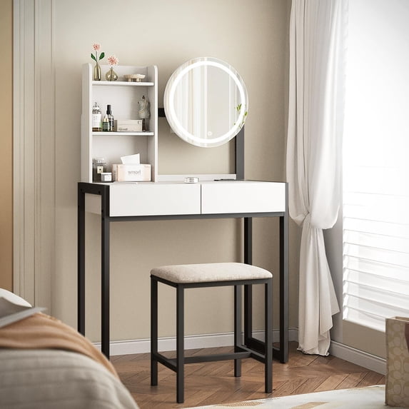 S-HOME Small Vanity Desk With Mirror And Lights, Makeup Vanity Table With LED Mirror, 3 Lighting Modes, Drawer Included,White+Black