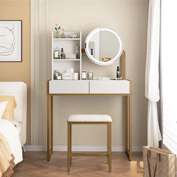 S-HOME Small Vanity Desk With Mirror And Lights, Makeup Vanity Table With LED Mirror, 3 Lighting Modes, Drawer Included