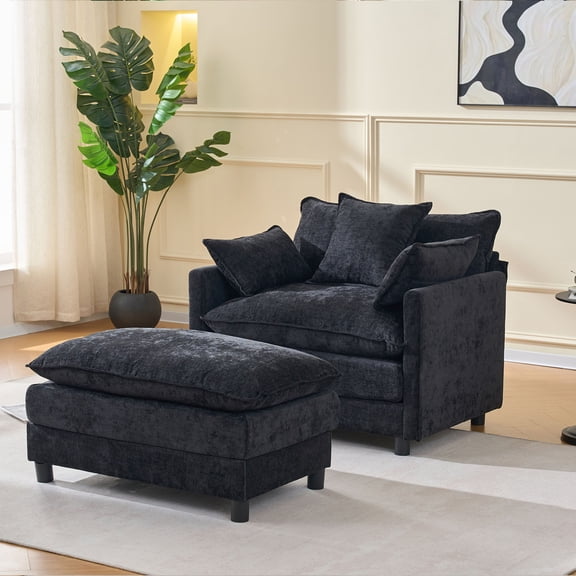 S-HOME Soft Chenille Upholstered Accent Chair with Ottoman in Modern Design for Living Room and Bedroom Comfort，Black