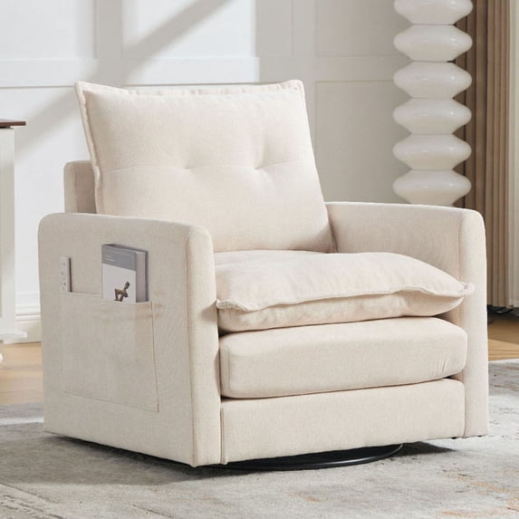S-HOME Solid Metal Base Swivel Accent Chair with Thick Padding and Ergonomic Design for Living Room or Bedroom, Beige