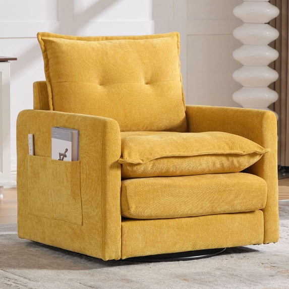 S-HOME Solid Metal Base Swivel Accent Chair with Thick Padding and Ergonomic Design for Living Room or Bedroom, Mustard yellow
