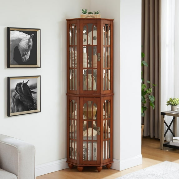 S-HOME Solid Wood Legs 6 Adjustable Glass Shelves Lit Display System Corner Curio Cabinet Display Case Contemporary Design