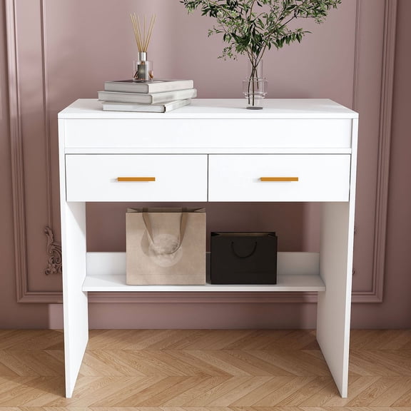 S-HOME Space-Saving Flip Top Vanity Desk with Adjustable LED Mirror in White MDF Design and Built-in Outlet Functionality
