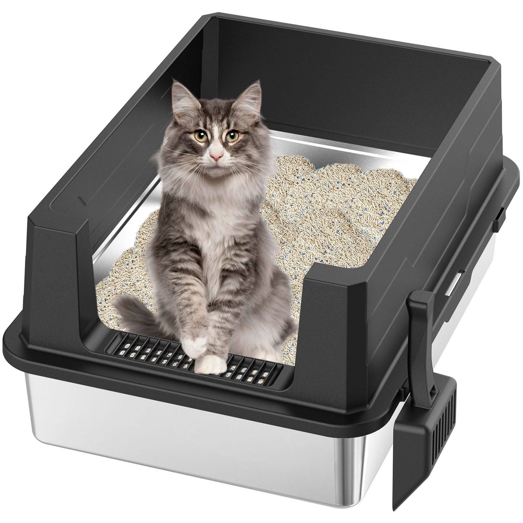 S-HOME Stainless Steel Cat Litter Box Black And Silver Large Size High-Sided Leak-Proof Design with Litter Scoop 27.56x19.69 Inches