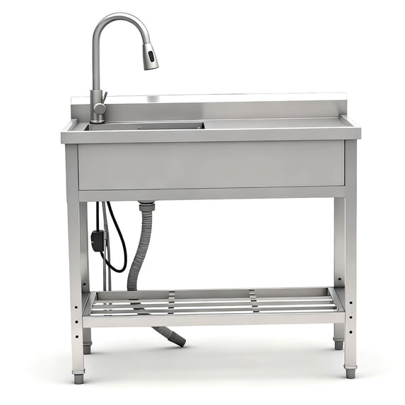 S-HOME Stainless Steel Freestanding Utility Sink in Silver with Pull-Out Faucet and Large Compartment for Outdoor or Indoor Use