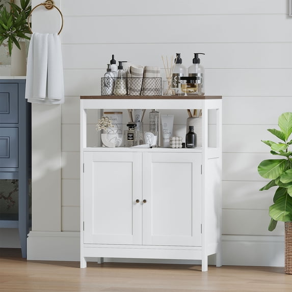 S-HOME Storage Cabinet with Double Doors in White, Free-Standing Design, Adjustable Shelf for Bathroom or Kitchen Use