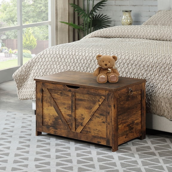 S-HOME Storage Chest Storage Bench in Rustic Brown with Two Hinges and Easy Assembly Perfect for Organizing Toys