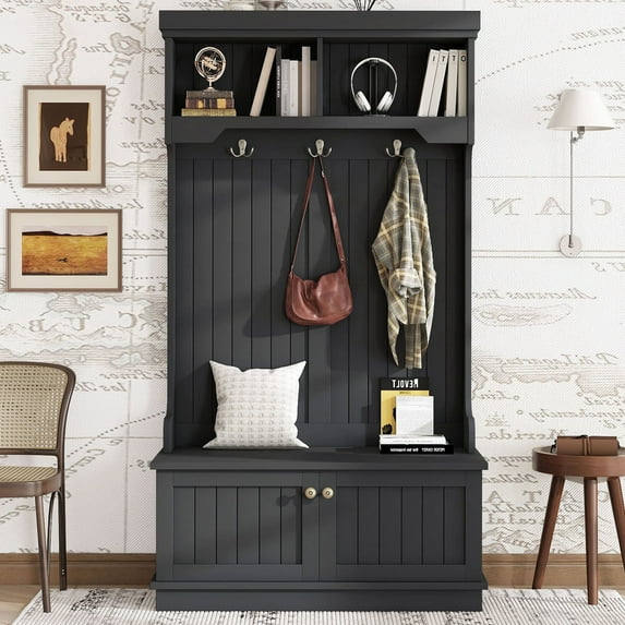 S-HOME Stylish 4-in-1 Hall Tree Featuring Hooks And Shoe Bench, For Hallway Storage Solutions, Black