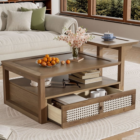 S-HOME Stylish Nested Coffee Table Set Featuring Rattan Drawer And Two Spacious Tabletops 38.5 Inch  For Living Rooms, Dark Brown