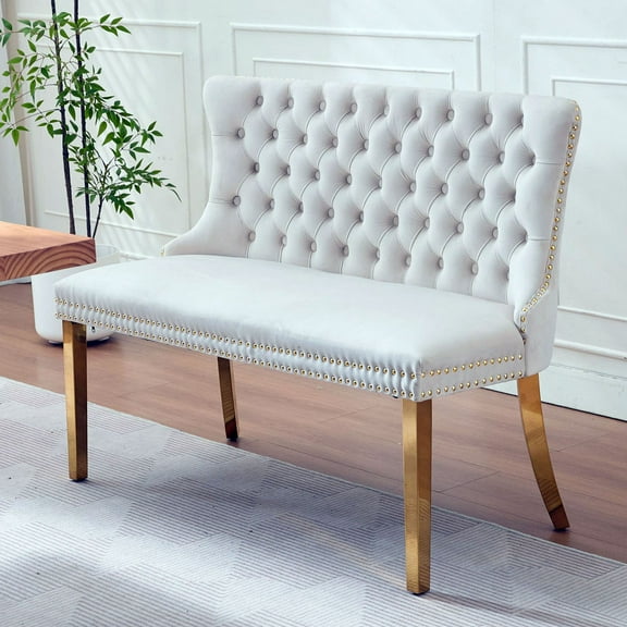 S-HOME Stylish Velvet Double Seat Loveseat Bench Featuring Handmade Buttons and Gold-Plated Steel Legs for Dining Areas, Beige