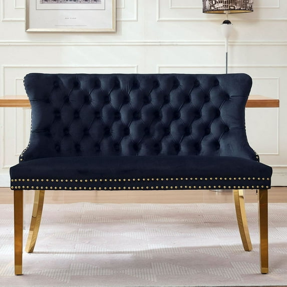 S-HOME Stylish Velvet Double Seat Loveseat Bench Featuring Handmade Buttons and Gold-Plated Steel Legs for Dining Areas, Black