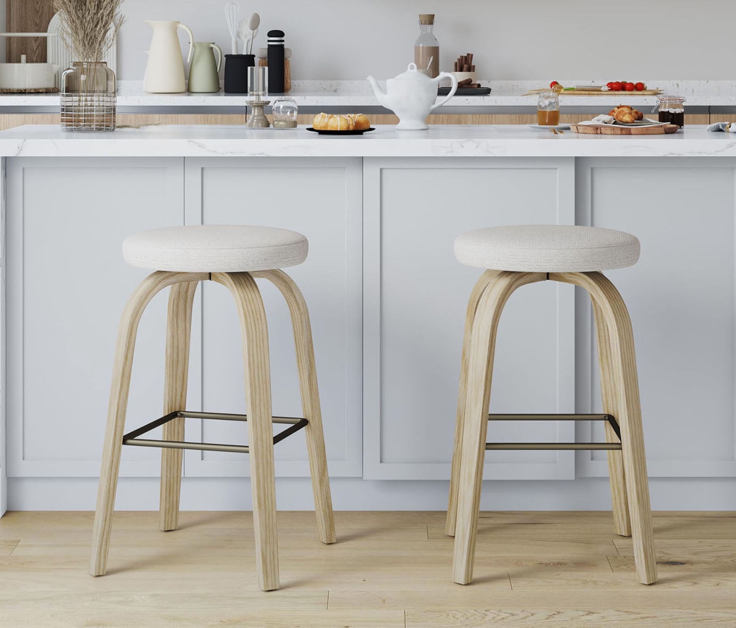 S-HOME Swivel Bar Stools Set Of 2,  Fabric Upholstered 30 Inch Height, Ideal For Restaurants And Home Use，Beige