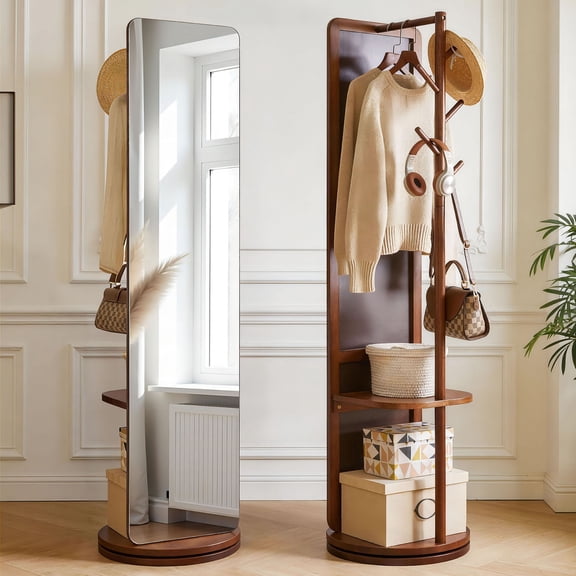 S-HOME Swivel Full Length Mirror with Walnut Stand and Coat Rack, 70x19 Inch Versatile Design for Bedroom and Living Room Decor