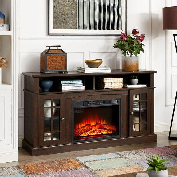 S-HOME TV Media Stand With 23 Inch Fireplace Insert Espresso Finish For TVs Up To 65 Inches Spacious Storage Solution