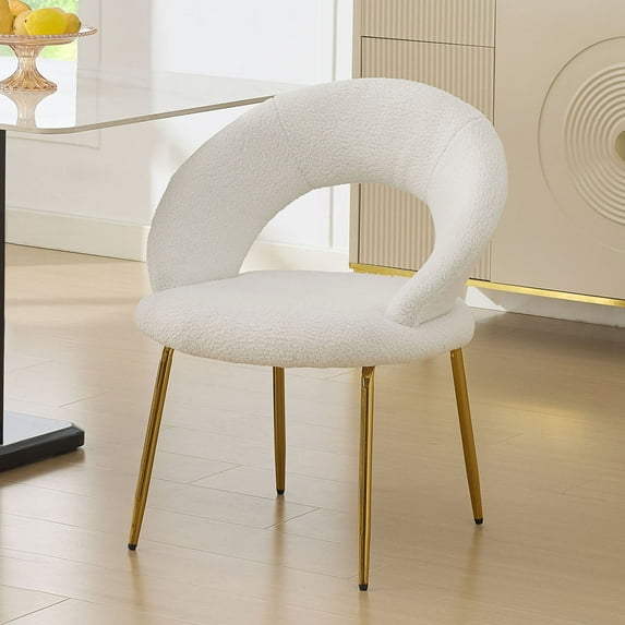 S-HOME Teddy Fabric Dining Chair With Curved Backrest And Golden Metal Legs For Modern Kitchen Or Dining Room
