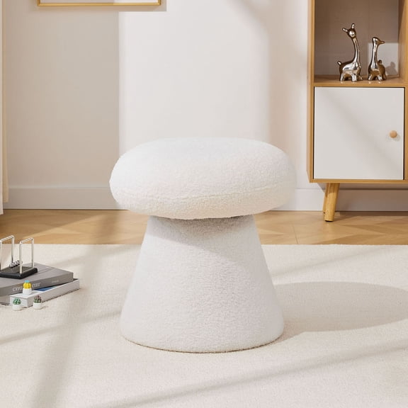 S-HOME Teddy Fabric Mushroom Shaped Ottoman Footstool with 360-Degree Swivel for Bedrooms and Living Rooms, 250 lbs Capacity, White