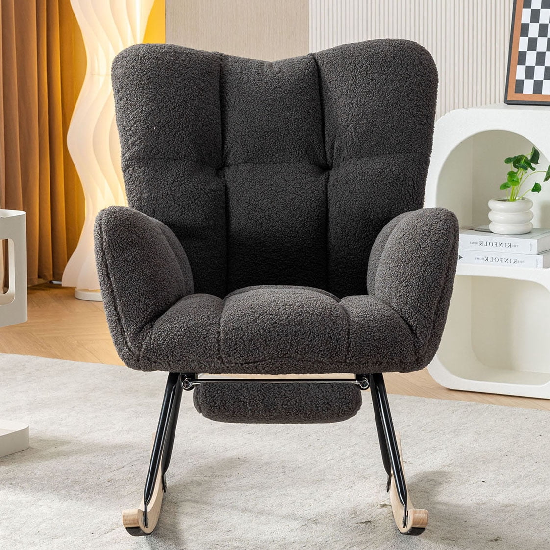 S-HOME Teddy Fabric Rocking Chair with Adjustable Footstool, High Backrest and Storage Pocket for Versatile Indoor Use, Dark Gray