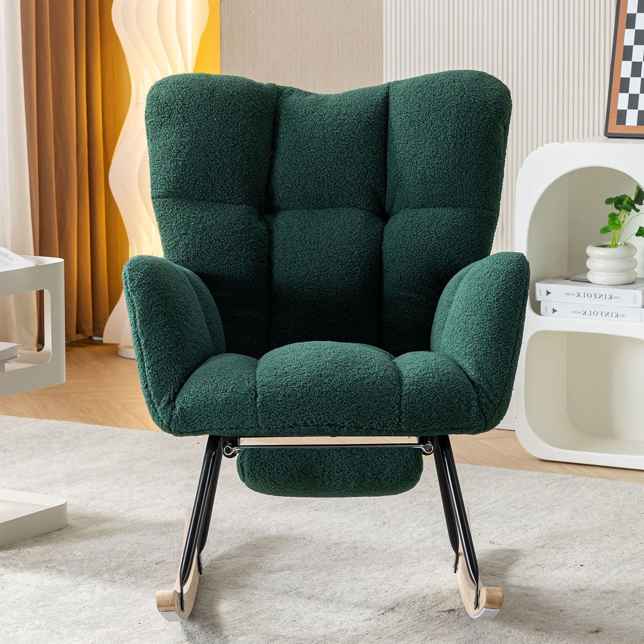 S-HOME Teddy Fabric Rocking Chair with Adjustable Footstool, High Backrest and Storage Pocket for Versatile Indoor Use, Green