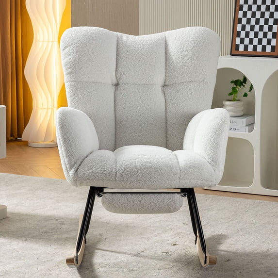 S-HOME Teddy Fabric Rocking Chair with Adjustable Footstool, High Backrest and Storage Pocket for Versatile Indoor Use, Ivory