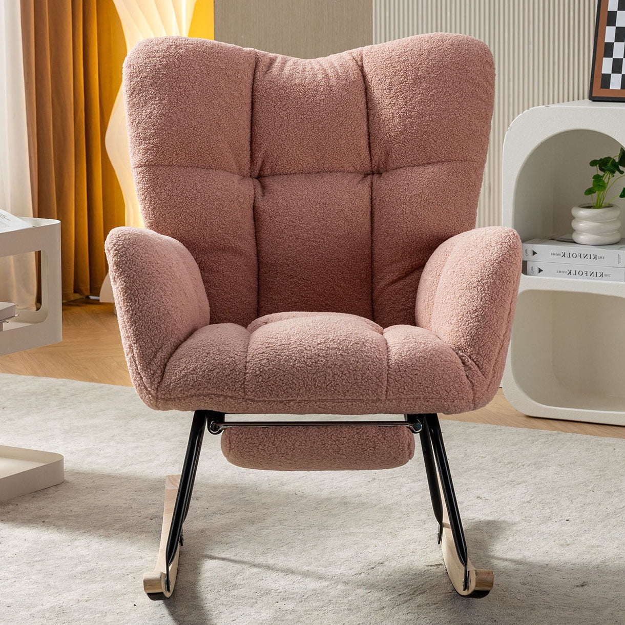 S-HOME Teddy Fabric Rocking Chair with Adjustable Footstool, High Backrest and Storage Pocket for Versatile Indoor Use, Pink