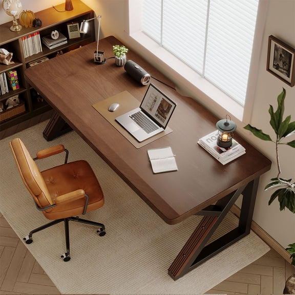 S-HOME Thickened 55.1-Inch Solid Wood Double Computer Desk in Classic Style for Home Office, Spacious Writing Table for Two