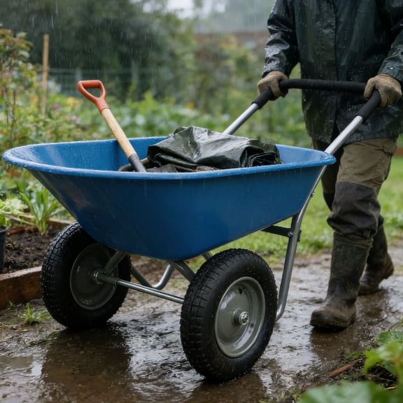 S-HOME Two Wheeled Garden Trolley With 15 Inch Pneumatic Wheels Polyethylene Tray 5 Cubic Feet Load Capacity, Blue