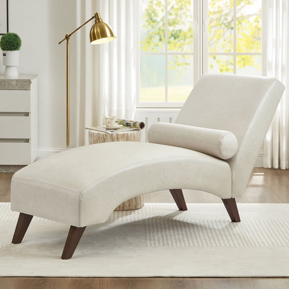 S-HOME Upholstered Curved Chaise Lounge Chair in Tech Fabric with Supportive Bolster Pillow, 400 lbs Capacity for Living Room and Bedroom Use, Beige
