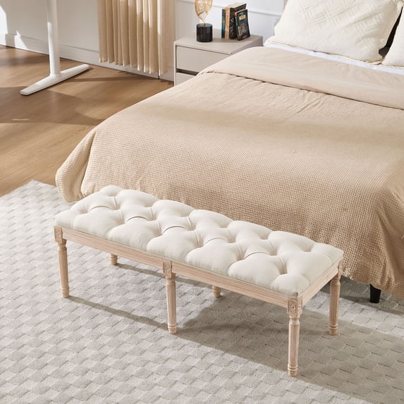 S-HOME Upholstered End of Bed Bench in Design with Carving, Linen Material, Perfect for Foyer,Cream