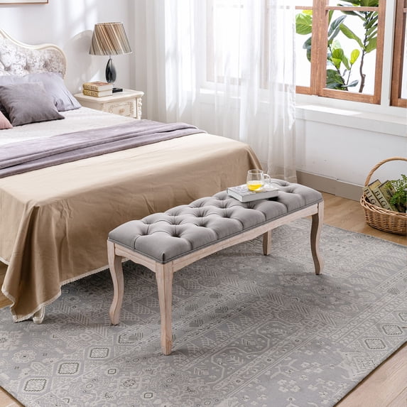 S-HOME Upholstered End of Bed Bench in Design with Carving, Linen Material, Perfect for Foyer,Grey
