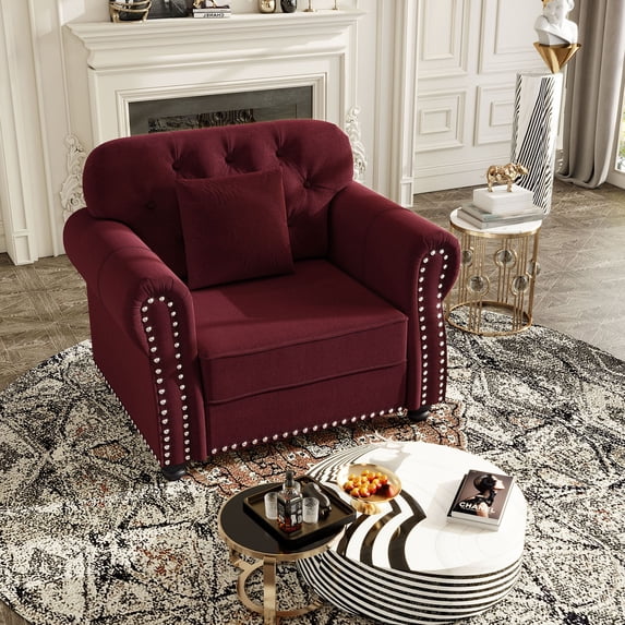 S-HOME Upholstered Velvet Sofa in 41.3 Inch Mid-Century Chesterfield Style with Rolled Armrests and Pillow,Burgundy