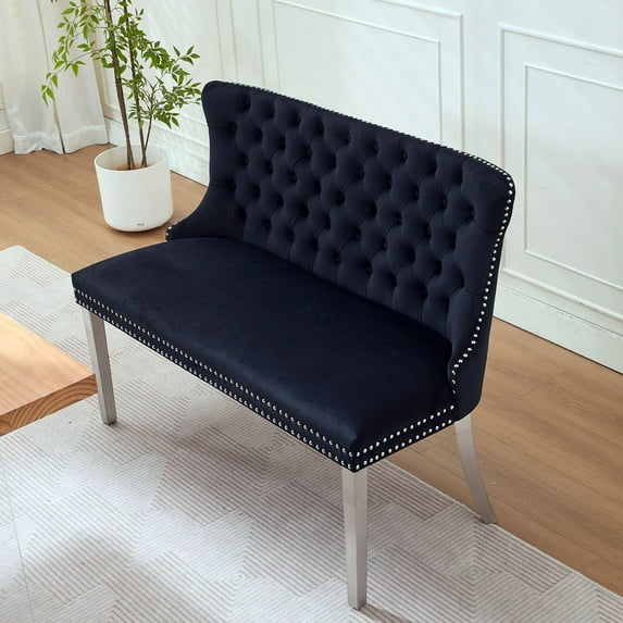 S-HOME Velvet Double Dining Loveseat Bench With Brushed Silver Stainless Steel Legs For Two Sitters, Black