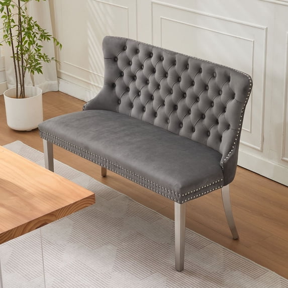 S-HOME Velvet Double Dining Loveseat Bench With Brushed Silver Stainless Steel Legs For Two Sitters, Gray