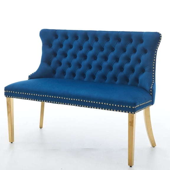 S-HOME Velvet Double Dining Loveseat Bench in Mid Century Modern Style with Gold-Plated Steel Legs for Kitchen Seating, Blue