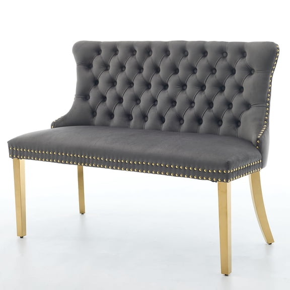 S-HOME Velvet Double Dining Loveseat Bench in Mid Century Modern Style with Gold-Plated Steel Legs for Kitchen Seating, Gray